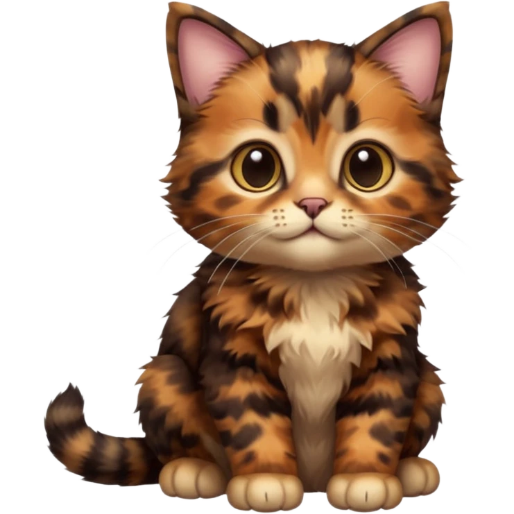 A high-resolution photo-realistic digital illustration of a brown multicoloured  tortoiseshell kitten, chest upward emoji