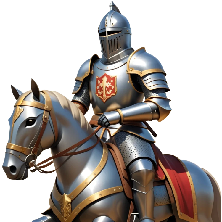 clash-of-clans-aesthetic_-cinematic-fearsome-and-majestic-knight-bust-portrait-emoji, rendered in a flat, vector-style with minimal shading and bold, simplified shapes, depicting a battle-ready medieval knight with steely eyes and intricate armor, mounted on a heavily armored warhorse with gleaming plated barding reflecting sunlight over a misty battlefield. emoji