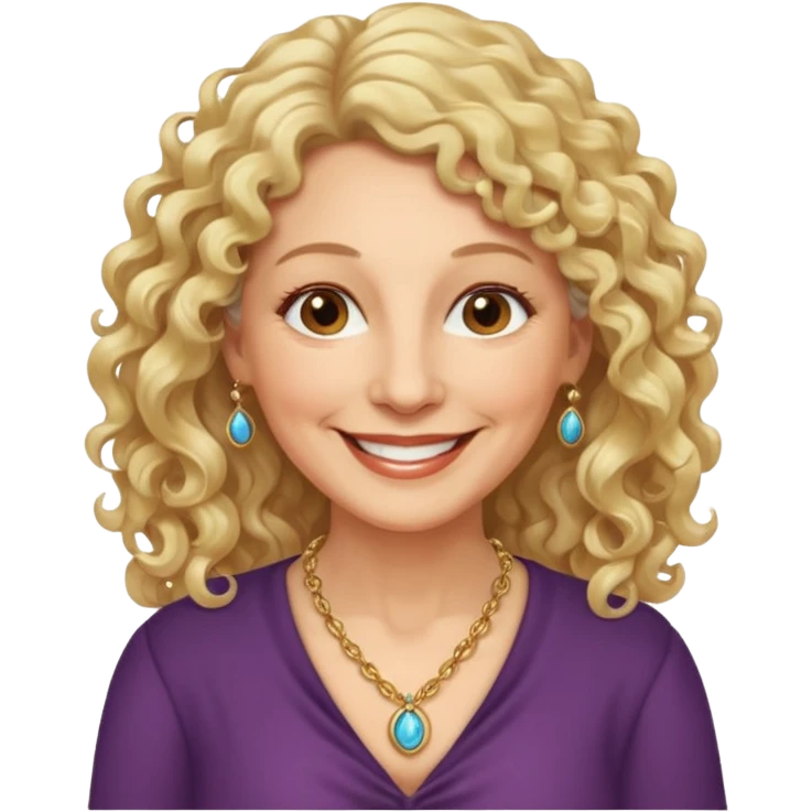 femme 60 ans cheveux blonds long très bouclés yeux marrons sourir emoji