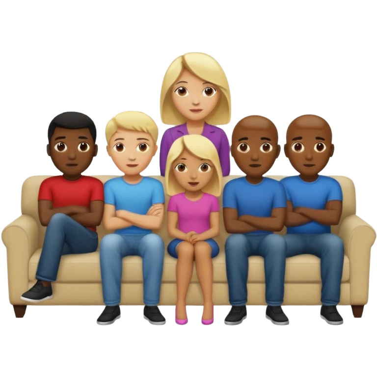 Generate the popular meme "5 black guys and a blonde"

1 blonde on the couch 
5 black mens behind the couch 
 emoji
