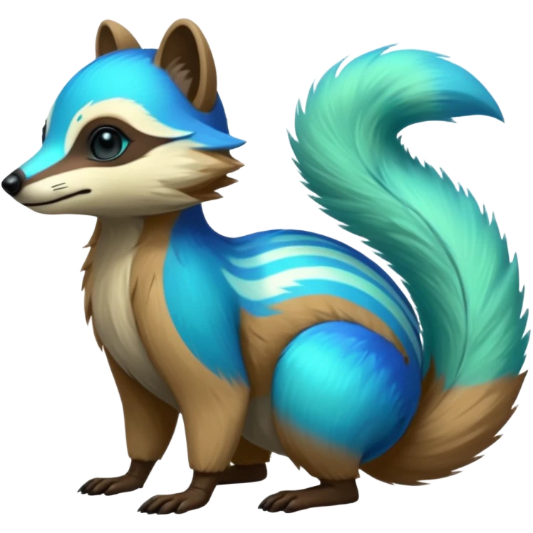Iridescent Neon Green-Cyan-Blue Tanuki-Numbat-Sergal-fusion-hybrid-animal-creature, full body emoji