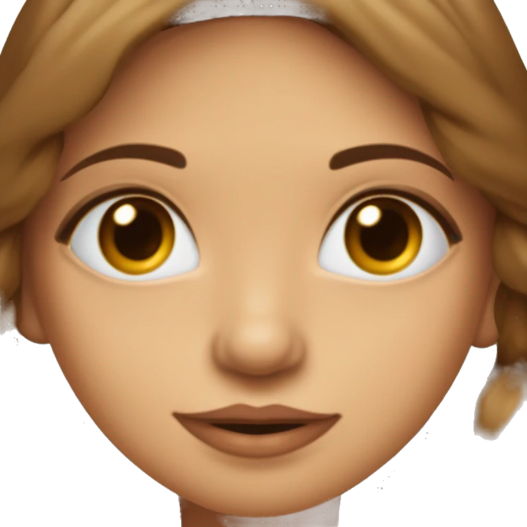 cara de una chica con el pelo castaño obscuro hasta el pecho, nariz de patata pero pequeño, ojos redondos marron y un poco verdosos, labios normales, orejas pequeñas con pendientes de aros pero muy pequeño emoji