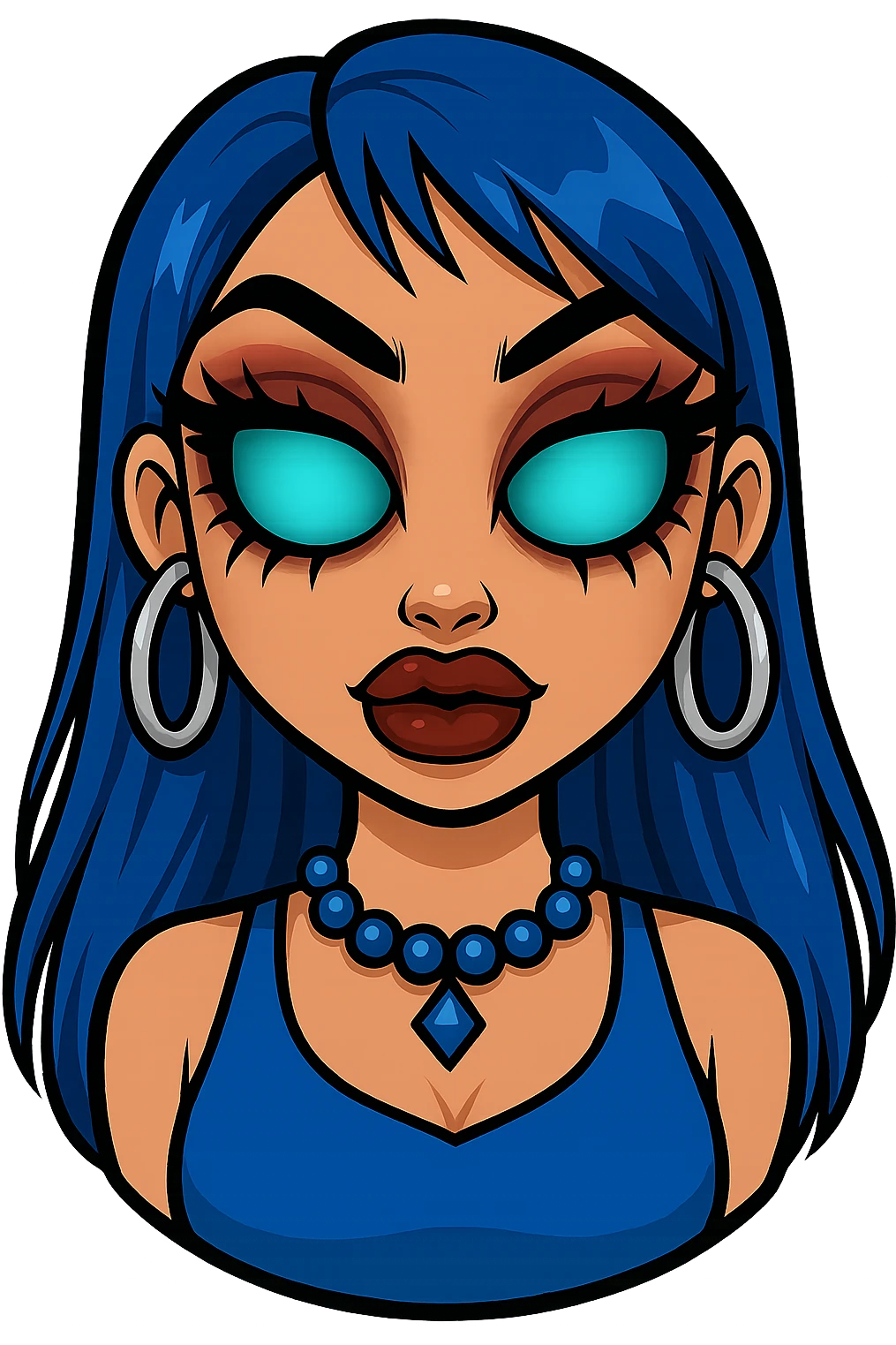 Make her eyes much scarier while keeping a nice and cute look, gyaru style, blue hair, pretty makeup, bratz baddie vibe, emoji style, with no background. emoji