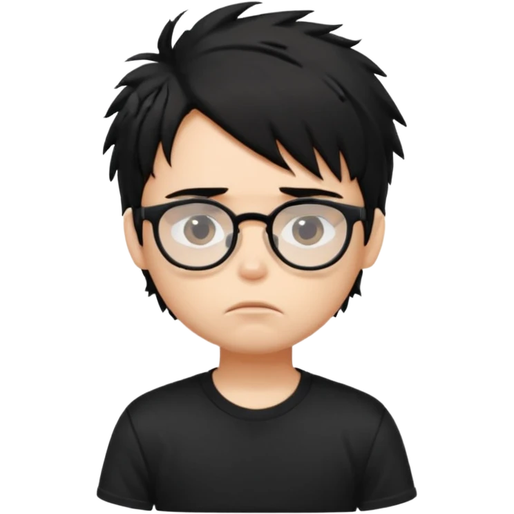 generate a pretty bratz fair skinned boy with black messy hair wearing a black tshirt looking bored n tired. Glasses on emoji