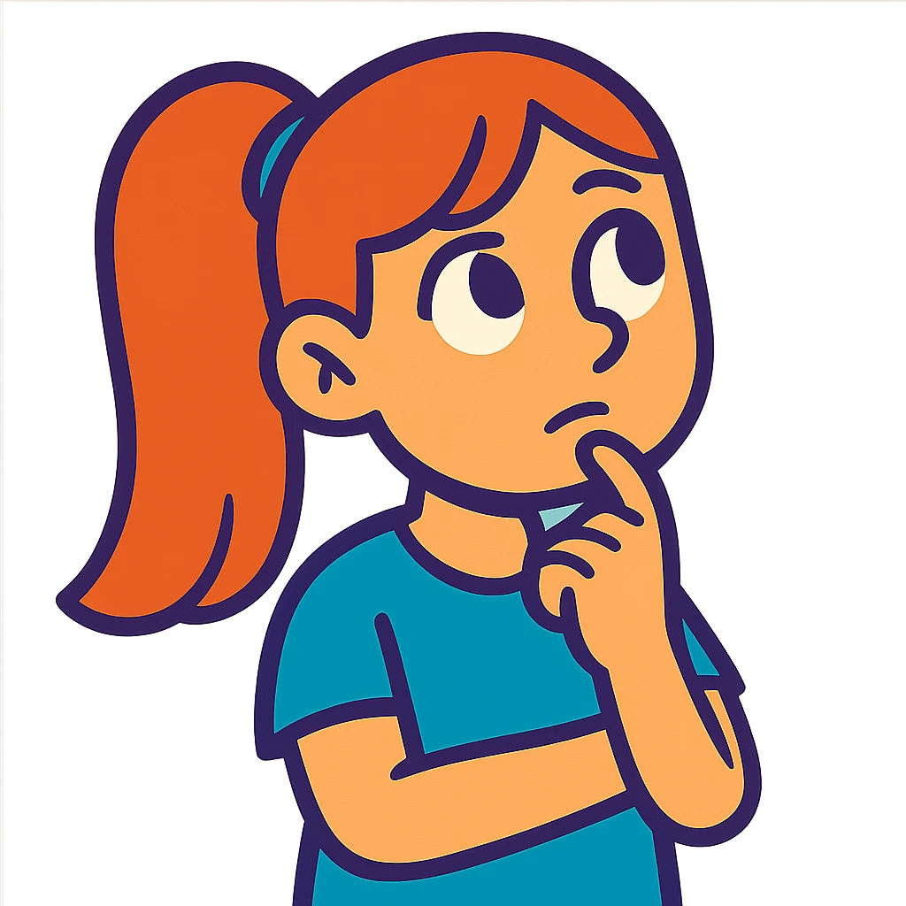 girl character with long straight hair in a ponytail and a thoughtful expression, vibrant cartoon style emoji
