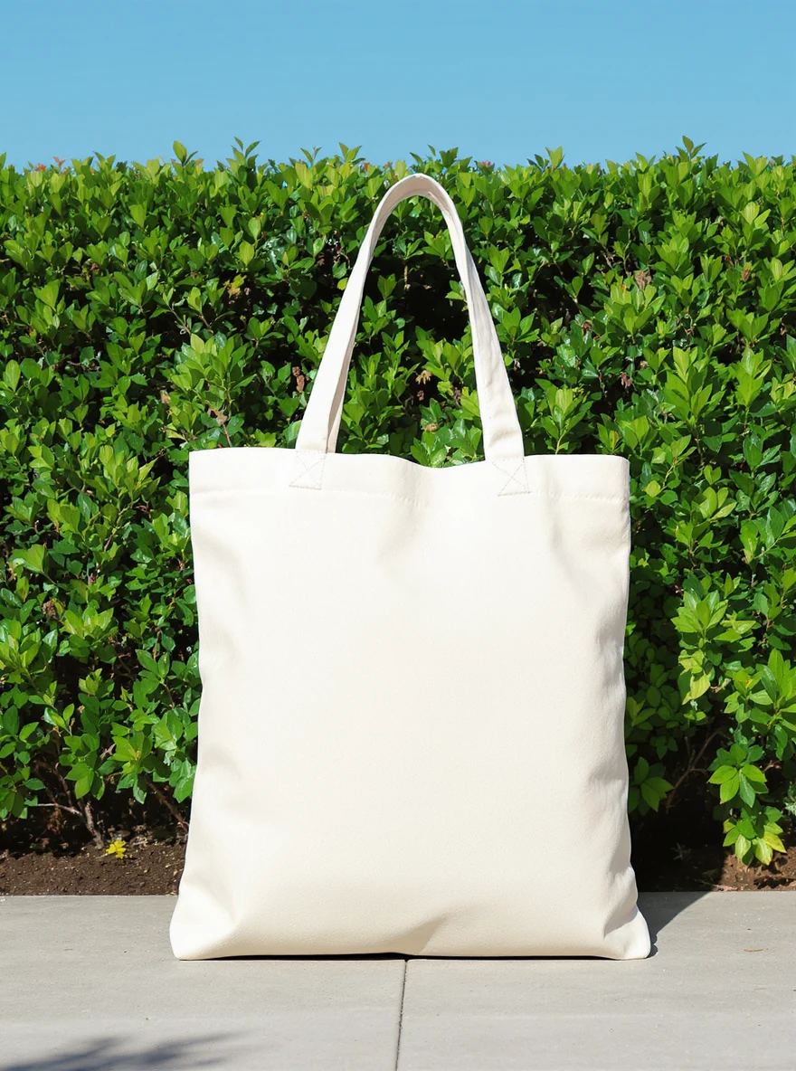 High-resolution mockup of a minimalist canvas tote bag, placed perfectly centered on the canvas. The tote bag is made of natural cotton fabric, light beige color, with a simple and elegant look. Background features a deep green organic bush, clean blue sky above, bright daylight, emoji