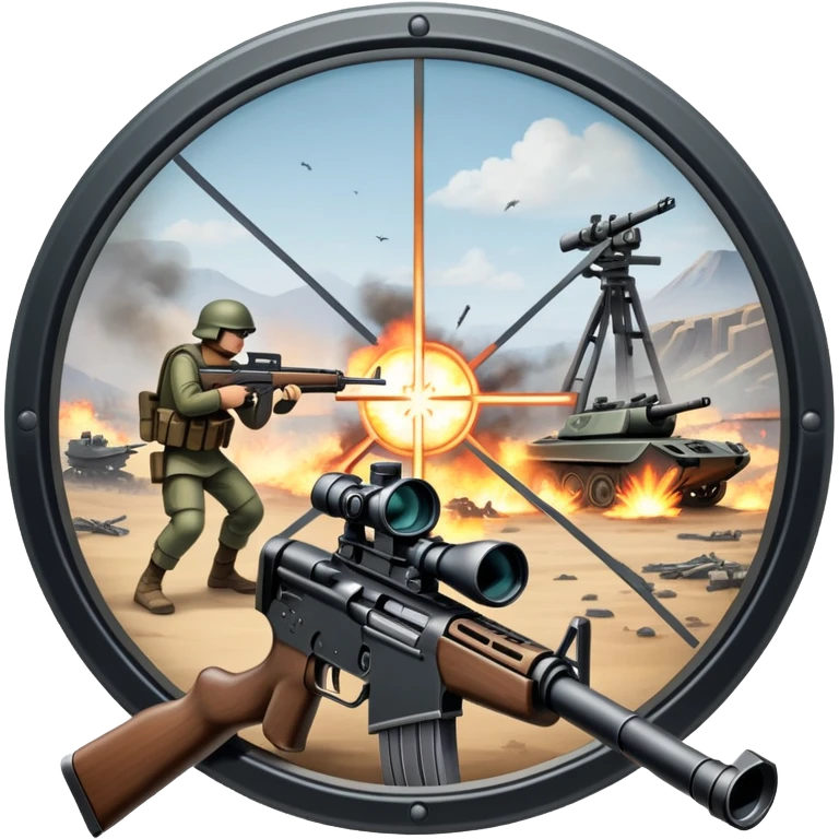 An icon featuring the crosshairs of an automatic rifle in the foreground, with a battlefield in the background. The design captures the intense focus of a first-person shooter game, with soldiers and explosions visible through the sights. Transparent background. emoji