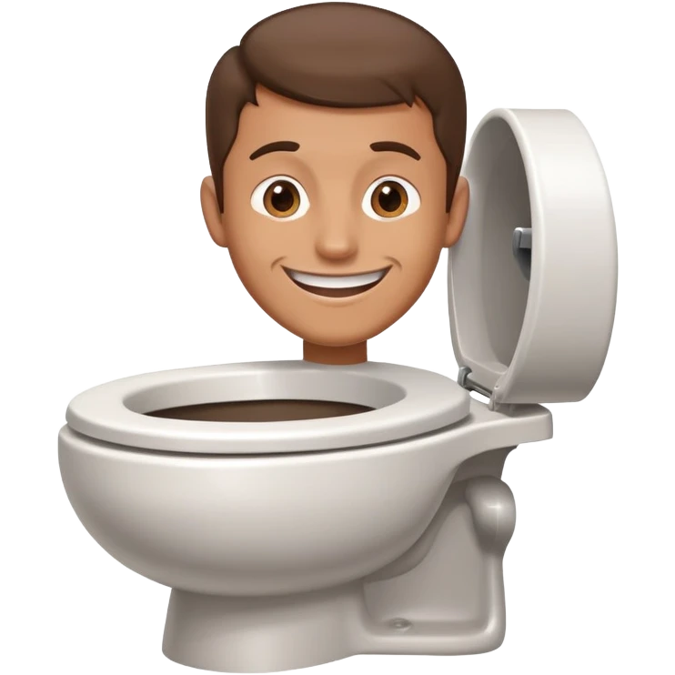 a toilet with a guy's head sticking out of the bowl. he has a big smile and thin brown hair emoji