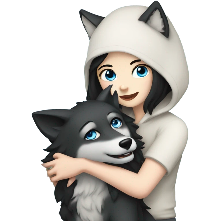 Girl with black hair pale skin blue eyes hugging a wolf  emoji