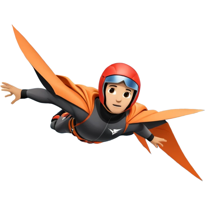 A daring wingsuit athlete soaring between towering mountains, with their wingsuit fully stretched, cutting through the air at high speed. The background features dramatic cliffs and a vast sky, emphasizing the thrill and freedom of base jumping. emoji