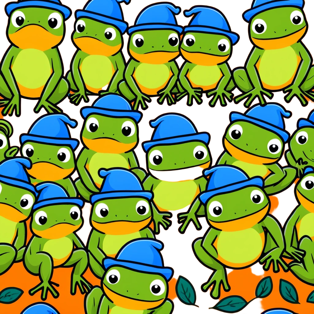 a family of frogs wearing blue hats, parent frogs and baby frogs all together emoji