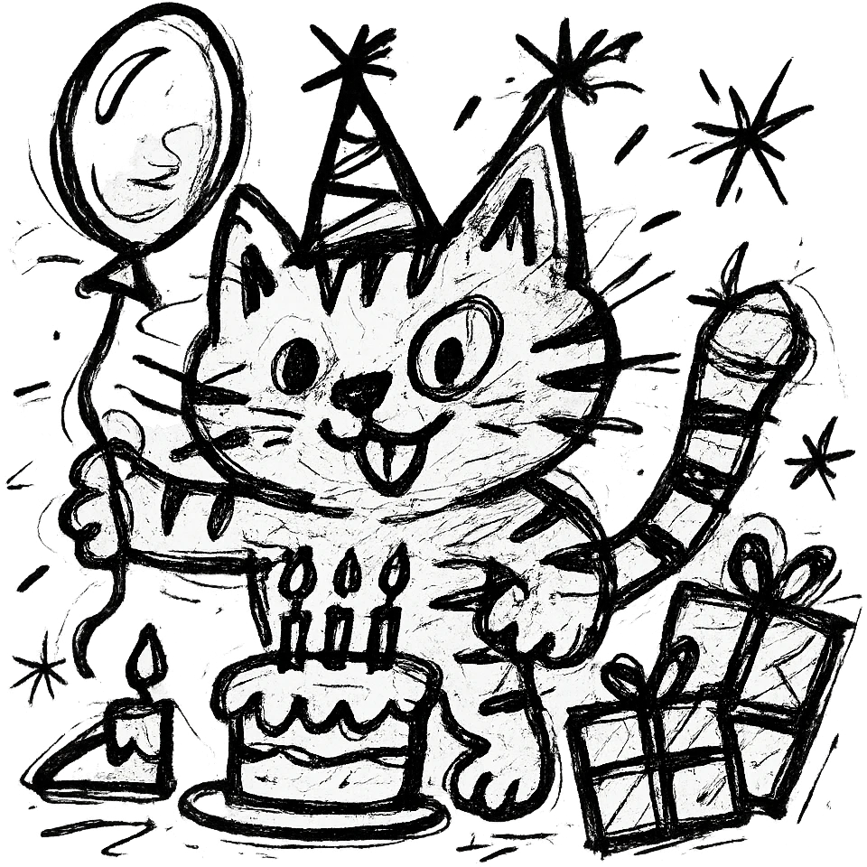chaotic outlined icon of a playful kitten with stripes, birthday hat, holding a balloon, cake and presents scattered around emoji