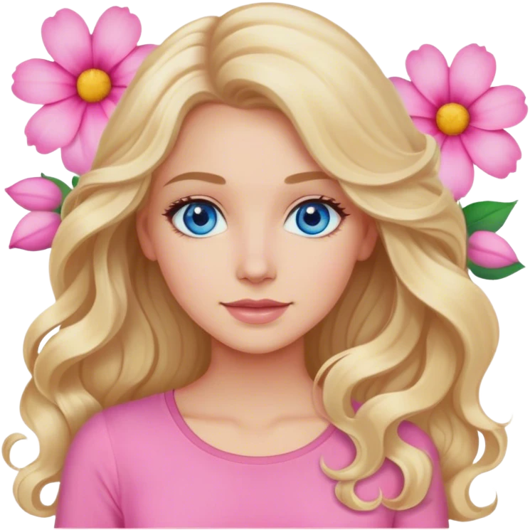 Blonde blue eyed women with long wavy hair pink flower background pink top emoji