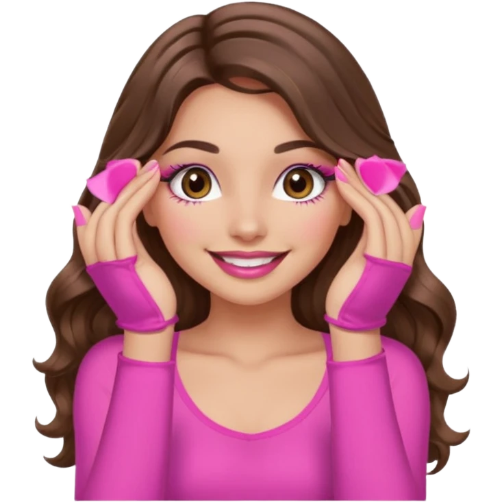 girl with long wavy brown hair, brown eyes, long lashes, sexy pink lips, light to medium complexion, wearing a pink sexy top, smiling, hands covering the eyes emoji