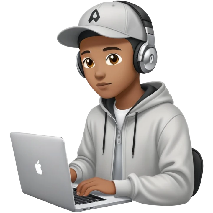 rapper developer with hoodie, baseball cap, headphones and laptop coding emoji