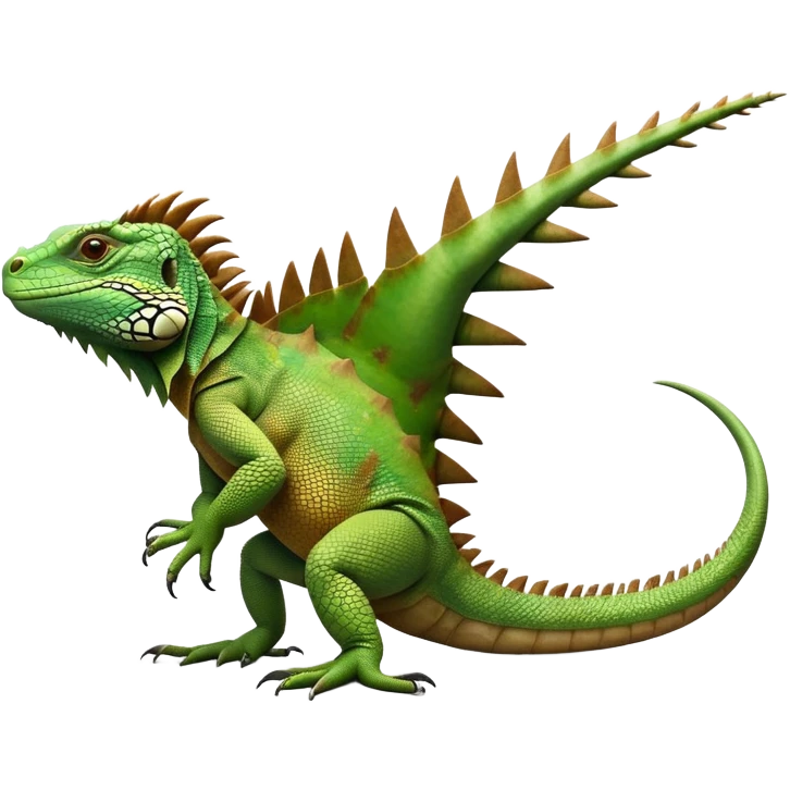 cinematic-iguana-realistic-full-body-basking-emoji,-long-scaly-body-stretched-out,-spiny-ridge-running-down-its-back,-textured-green-and-brown-skin-dappled-with-light,-sharp-intelligent-eyes-studying-the-surroundings emoji