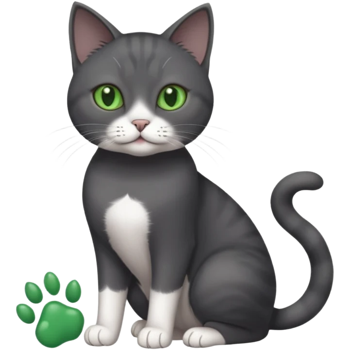 beautiful female solid dark grey cat with green eyes, white toes/paws and white patch on her chest playing emoji
