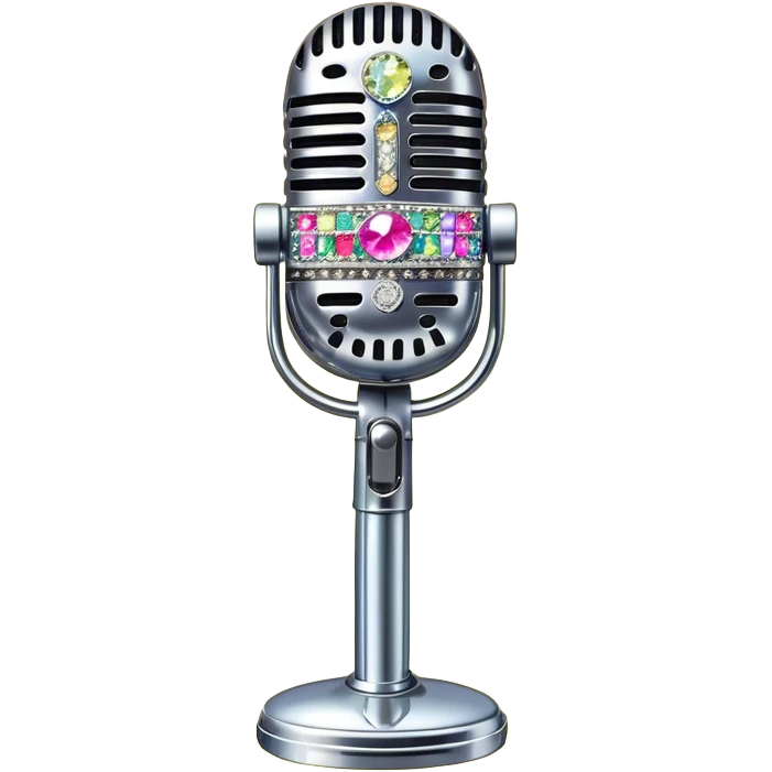 Create a glamorous and vibrant emoji representing stage vocal performance. The design should feature a classic vintage microphone at the center, surrounded by humanless an eye-catching stage costume covered in rhinestones, sparkling brightly. The costume should be stylized, with glittering elements like sequins and sparkles, and reflect the glitzy, extravagant nature of show business. The microphone should have a sleek, retro look with chrome or metallic accents. Use rich, dazzling colors like gold, silver, deep purple, and bright red to evoke the glamorous, larger-than-life feel of a stage performance. The background should be transparent. emoji