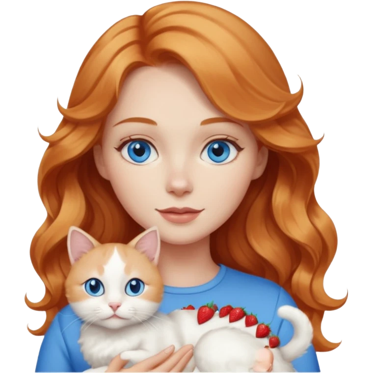 Long wavy strawberry blonde blue eyes woman with a white cat with blue eyes realistic  emoji