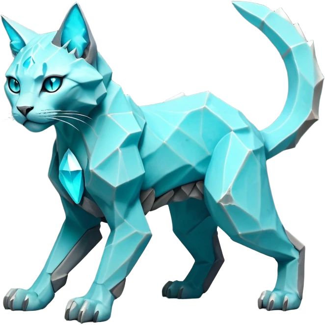 This fascinating hybrid creature combines the rocky ferocity of Boulderbite with the mystical elegance of Etherfeline. The result is a creature with a core body composed of angular, faceted stones in varying shades of turquoise and gray. From the cracks between these stones emanates a soft blue ethereal glow. It has the general shape of a feline, but with crystalline rock formations creating its limbs and body. Its large, expressive eyes feature purple irises with amber outer rings, giving it a hypnotic gaze. The creature sports pointed ears lined with purple crystal formations, and a tuft of blue flame-like energy flows from its head and along its spine. Its tail is a flexible chain of smaller rocks wrapped in the same ethereal blue energy. When it opens its mouth, sharp crystalline teeth are revealed, though its expression is more mysterious than threatening. Small whisker-like energy tendrils extend from its muzzle, occasionally emitting tiny ice crystals. full body emoji