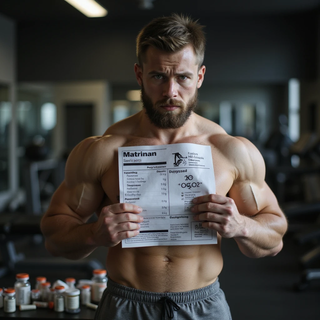 realistic young inexperienced bodybuilder with swollen but undefined muscles in gym, holding dosage chart with obvious errors and warning symbols, anabolic vials scattered, confused and worried expression, dramatic lighting, isolated on white background, 4K quality emoji