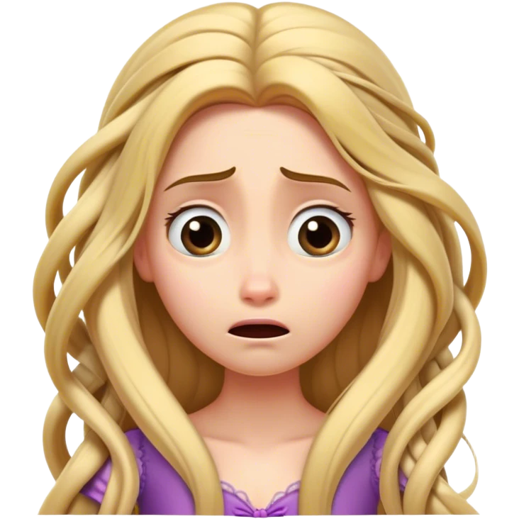 Cinematic Funny Rapunzel Portrait Emoji, Looking exhausted while tangled in her own hair, a dramatic sigh, eyes rolling with humorous exasperation, a hilariously relatable moment for the long-haired princess! emoji