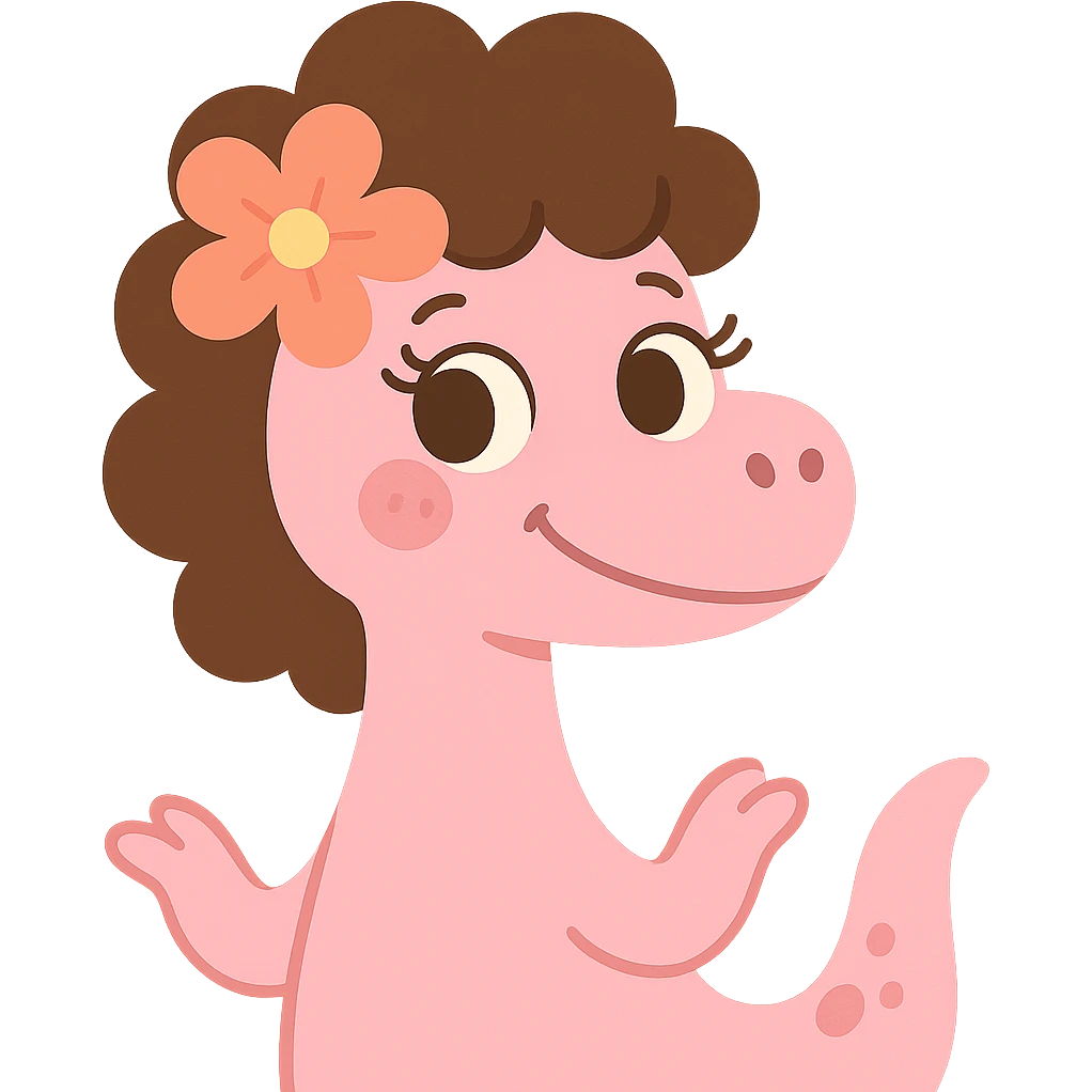 pastel pink dinosaur with brown curly hair, a Hawaiian flower in her hair, brown eyes, and long eyelashes, cute cartoon style emoji