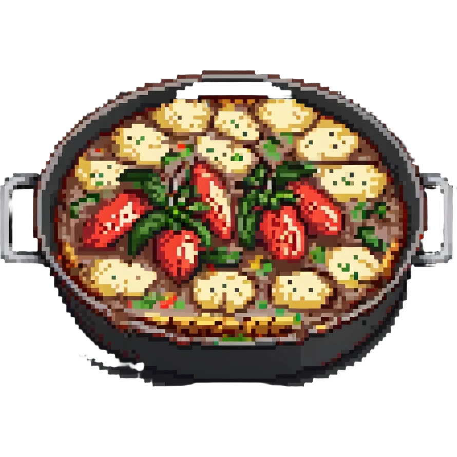 cheesy ground beef and cauliflower casserole with jalapeno and red capsicum in a skillet pan, pixel art style, colorful ingredients emoji