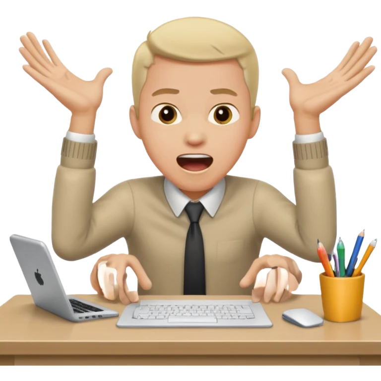 man at desk, leaning forward, hands pressed on table, shouting, working emoji