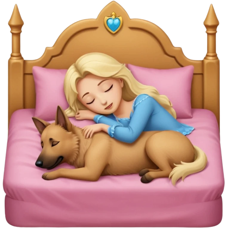 White Belgian shepherd dog with Brown eyes sleeping On a Princessbed with a blonde lady with blonde hair emoji