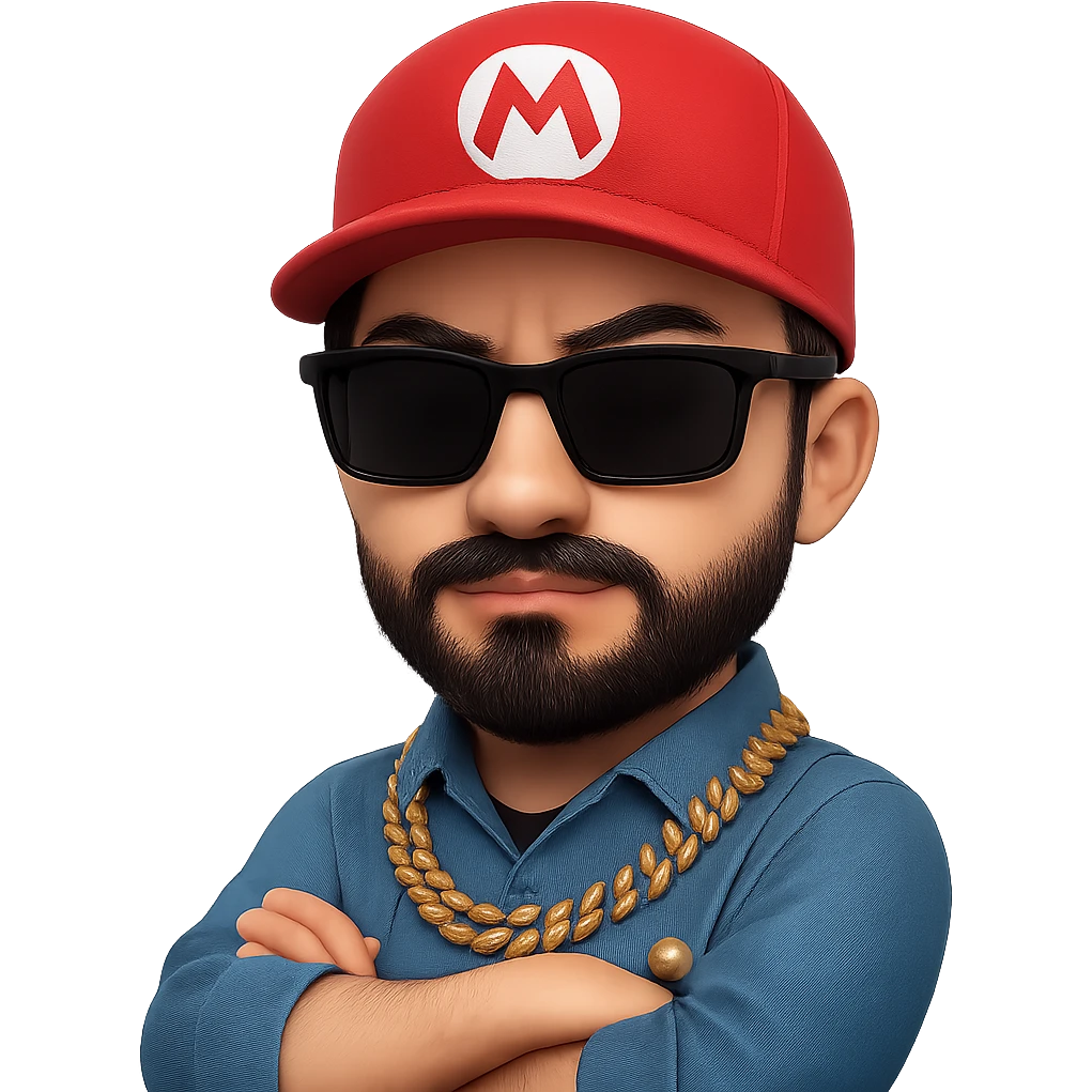 Remix the image as a gangster Mario: a person with glasses, short dark hair, mustache and beard, wearing a red hat and overalls like Mario, gangster style including a gold chain and sunglasses, confident pose, no background. Maintain the essence of the original image but transform it into this gangster Mario style. emoji