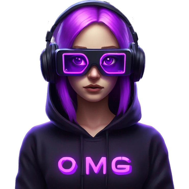 Russian girl wearing black hoody with violet letters "OMG", in vr headset. Cyberpunk style. Violet neon. emoji