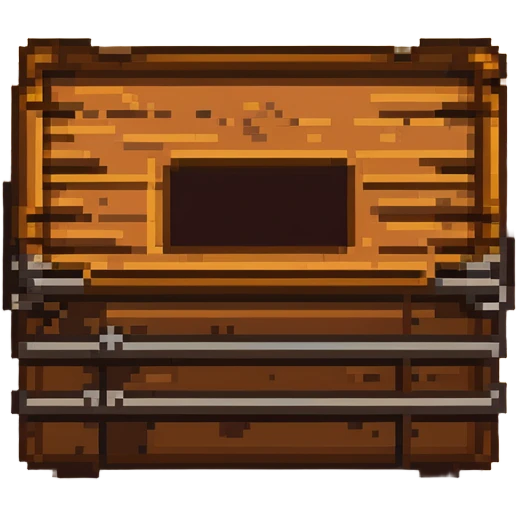 Flat 2D wooden crate with metal reinforcements, color #c2410c with darker wood grain, visible wood grain texture, metal bands across the crate, no perspective, flat 2D appearance, breakable look, simple warning symbol, 32x32 pixels emoji