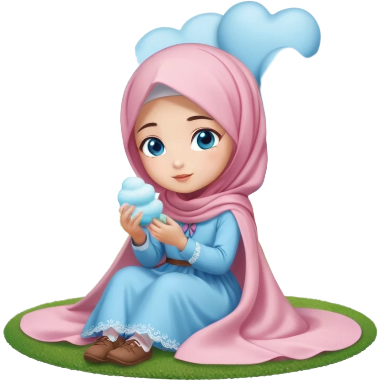 Turkish beautiful finish Konya girl blue eyes with cotton candy hijab long tail dress and sits on the grass on the ground and sends hearts with her hand  emoji