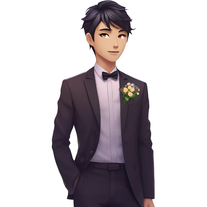 Gorgeous romantic anime style Asian formal modern gentlemanly guy with cat ears and flowers and blushing face aesthetic trending style outside with colorful gradient colors emoji
