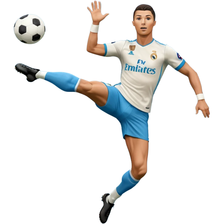 Ronaldo doing a bicycle kick with football in mid air While wearing a Retro blue Real madrid kit and yes i want it to be exactly the same as he Scored it in 2018 vs Juventus  emoji