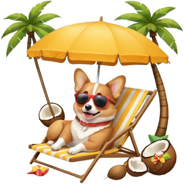 a corgi dog laied on a beach chair, a sunny beach, a sun umbrella, and beach coconut trees. the icon should capture the essence of a relaxing beach vacation with a carefree atmosphere emoji