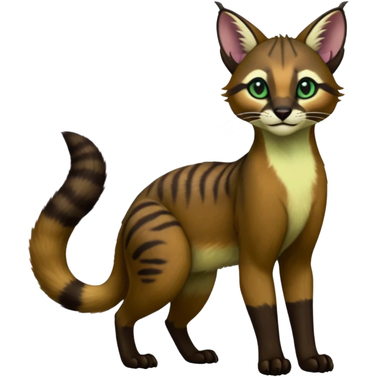 Colorful dark tropical dusky-hunter-green and dark-brownish glorious divine exotic cute cool beautiful shiny beautiful fantasy-caracal-civet-genet-sergal-vernid-Cacomistle-oncilla-animal-Fakémon-hybrid-fursona (full body) emoji