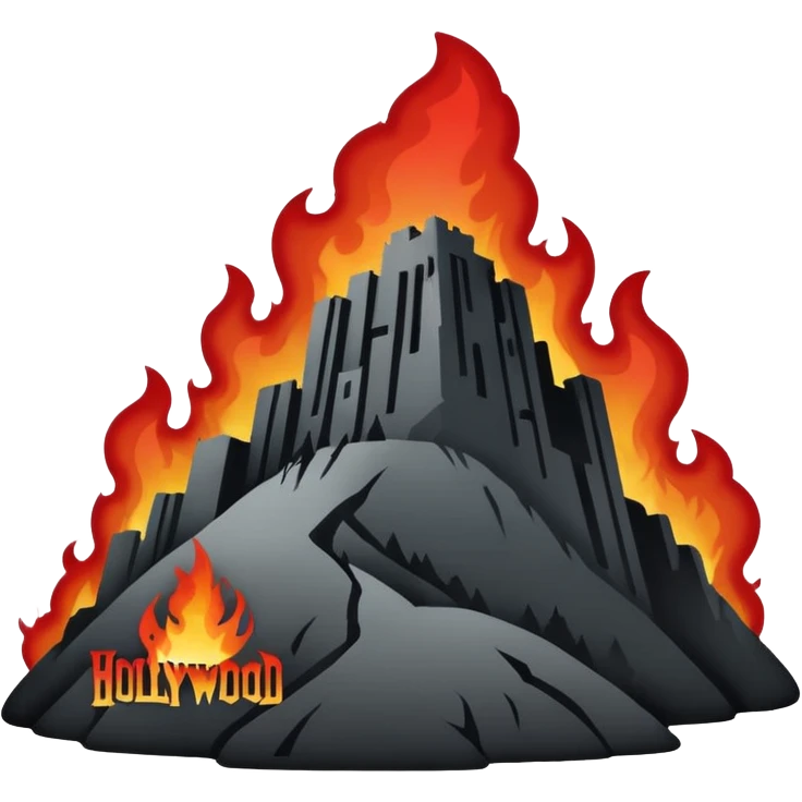 Minimalist emoji-style sticker of a silhouette of the Hollywood hill with ruined “HELLWOOD” sign, smoke and flickering flames in desaturated red

 emoji
