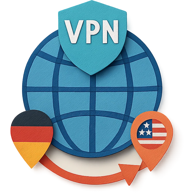 VPN globe icon showing a connection from Germany to the USA, paper craft style, no text, suitable for Instagram Reel emoji
