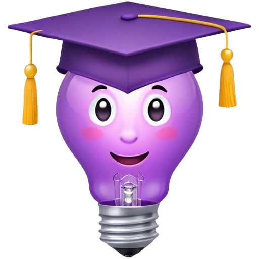 a cool looking lightbulb with graduation hat inside, purple color, beaming with light emoji