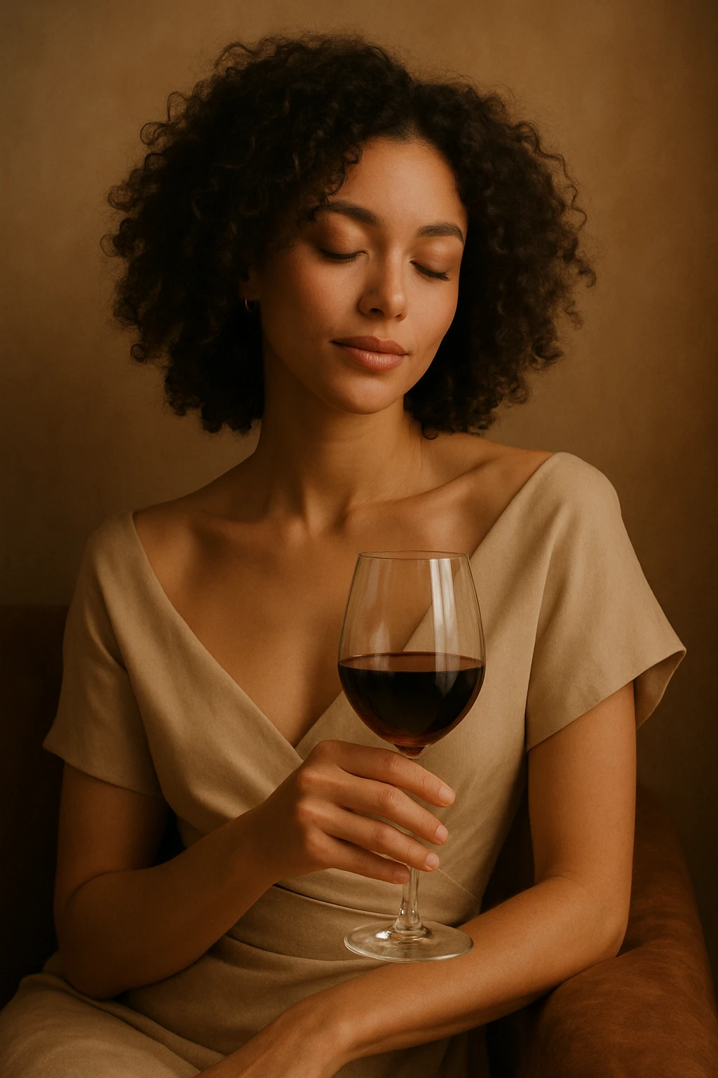 A woman with curly hair holding a glass of wine emoji