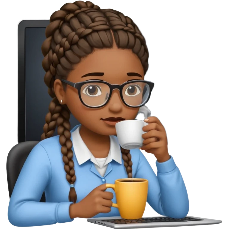 Make a black female software engineer with glasses  and braids coding, crying and drinking coffee emoji