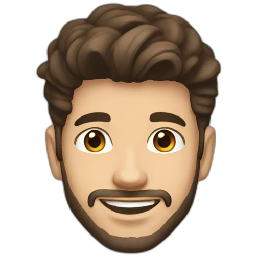 young man with short beard smiling medium long rockabilly style brown hair with light skin and dark brown eyes wearing black sweatshirt hoodie emoji