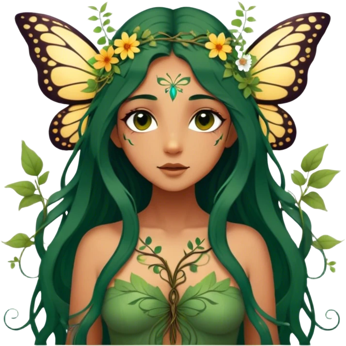 Cinematic Realistic Forest Nymph Fairy Portrait, depicted with lifelike, sun-kissed tanned skin that radiates an earthy glow, softly illuminated by natural, dappled light. Her long, flowing dark green hair is intricately detailed and interwoven with delicate vines and wildflowers, while her deep, soulful eyes mirror the wisdom of the forest. Dressed in an attire inspired by nature’s palette—with subtle botanical motifs—the portrait exudes a soft, enchanted glow that melds realism with woodland magic showing her large butterfly wings. emoji
