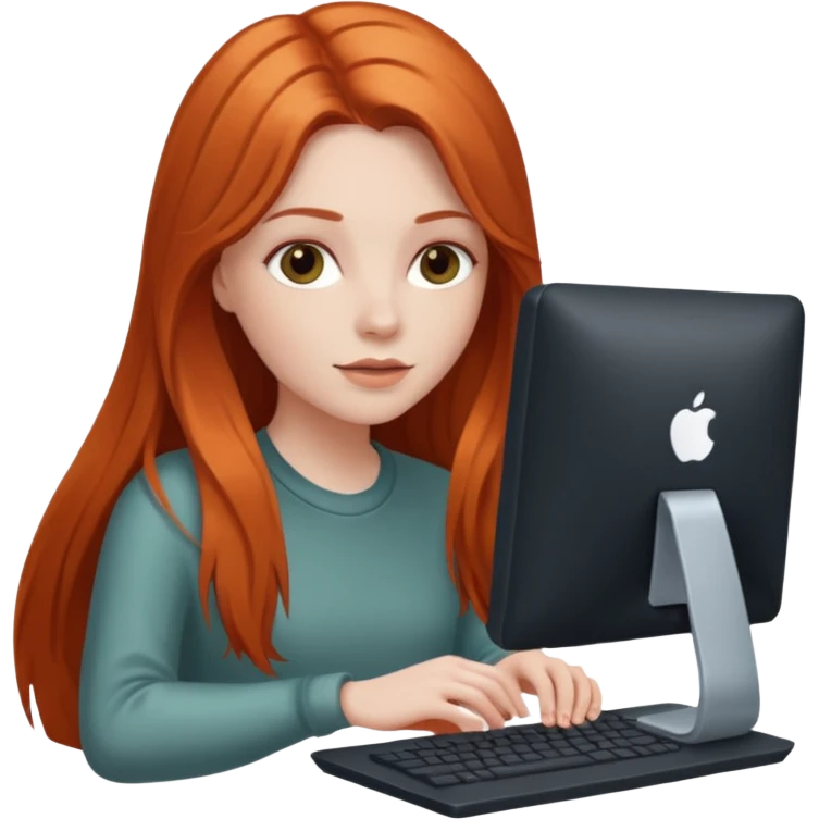 Chica blanca con cabello cobrizo largo en computadora emoji