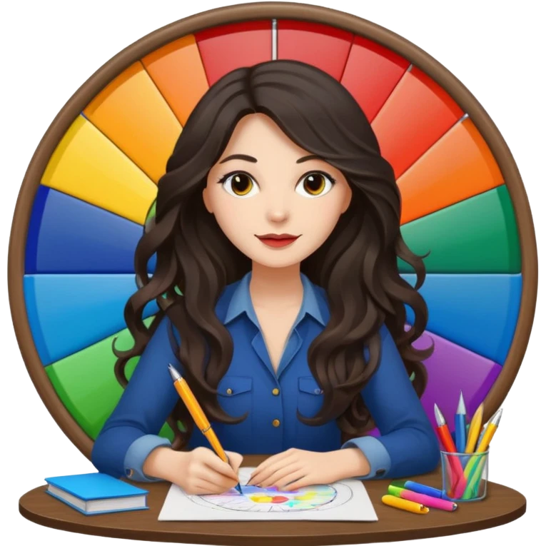 female dark wavy long hair graphic designer , big color wheel behind , pens, papers, desktop emoji
