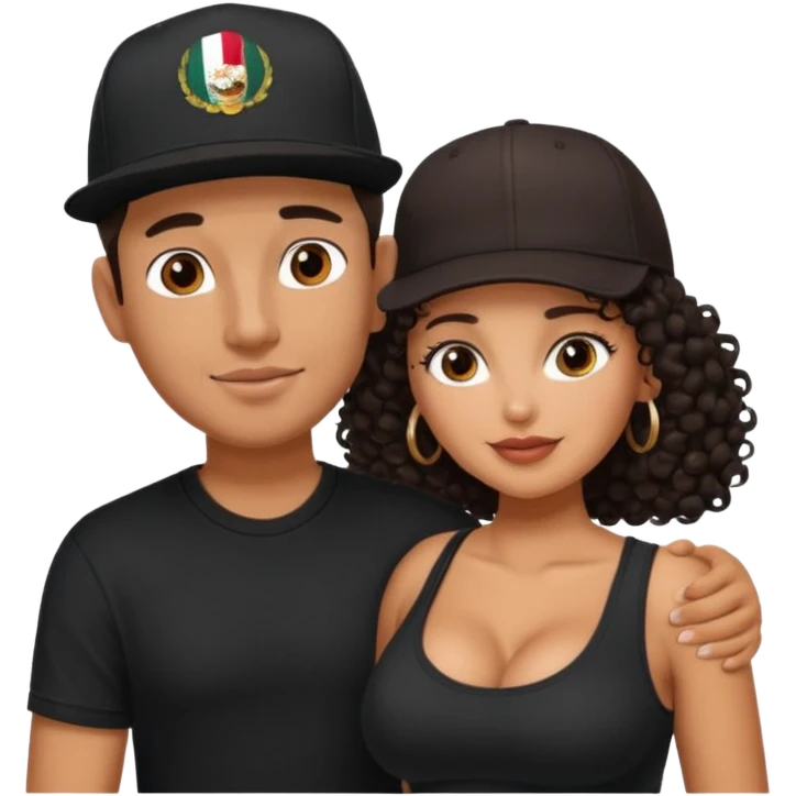A picture of an embracing tanned couple. the man is a Mexican man with tanned skin, with a bald hair cut wearing a SnapBack hat and a black shirt. the woman has curly dark brown hair and with big boobs emoji
