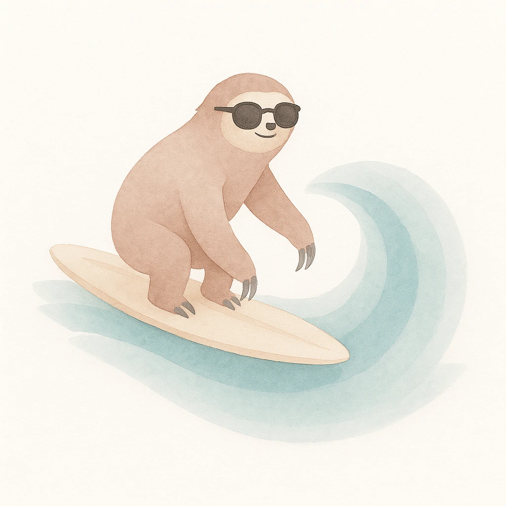 Add sunglasses to the sloth while surfing in watercolor art style. emoji