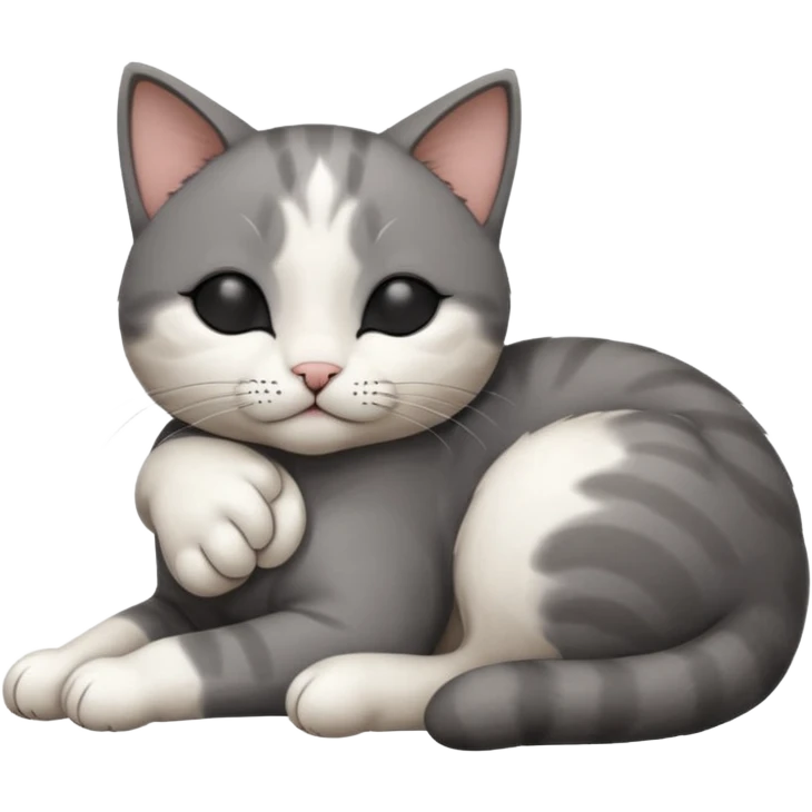 dark grey and white small cat with his eyes closed leaning his head on his paw while leaning on his elbow lying down emoji